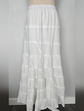 Women's White Tiered Maxi Skirt - Elastic Waist